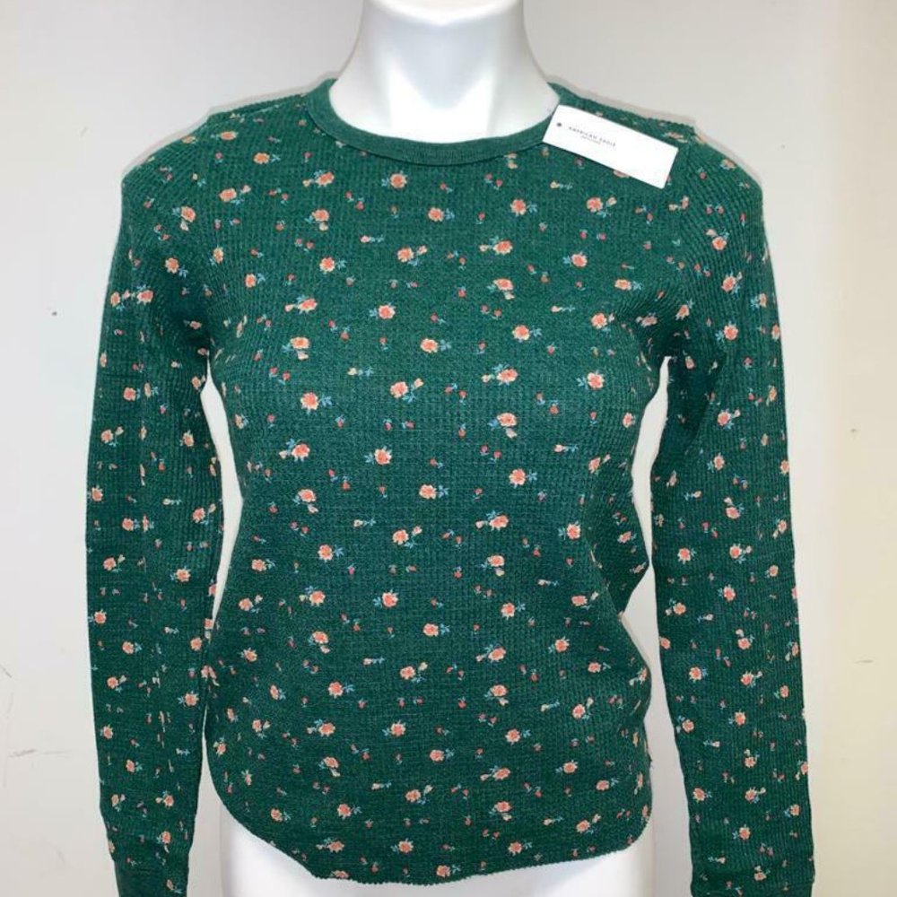 American Eagle Women's Printed Thermal Green Multi Color Top, L